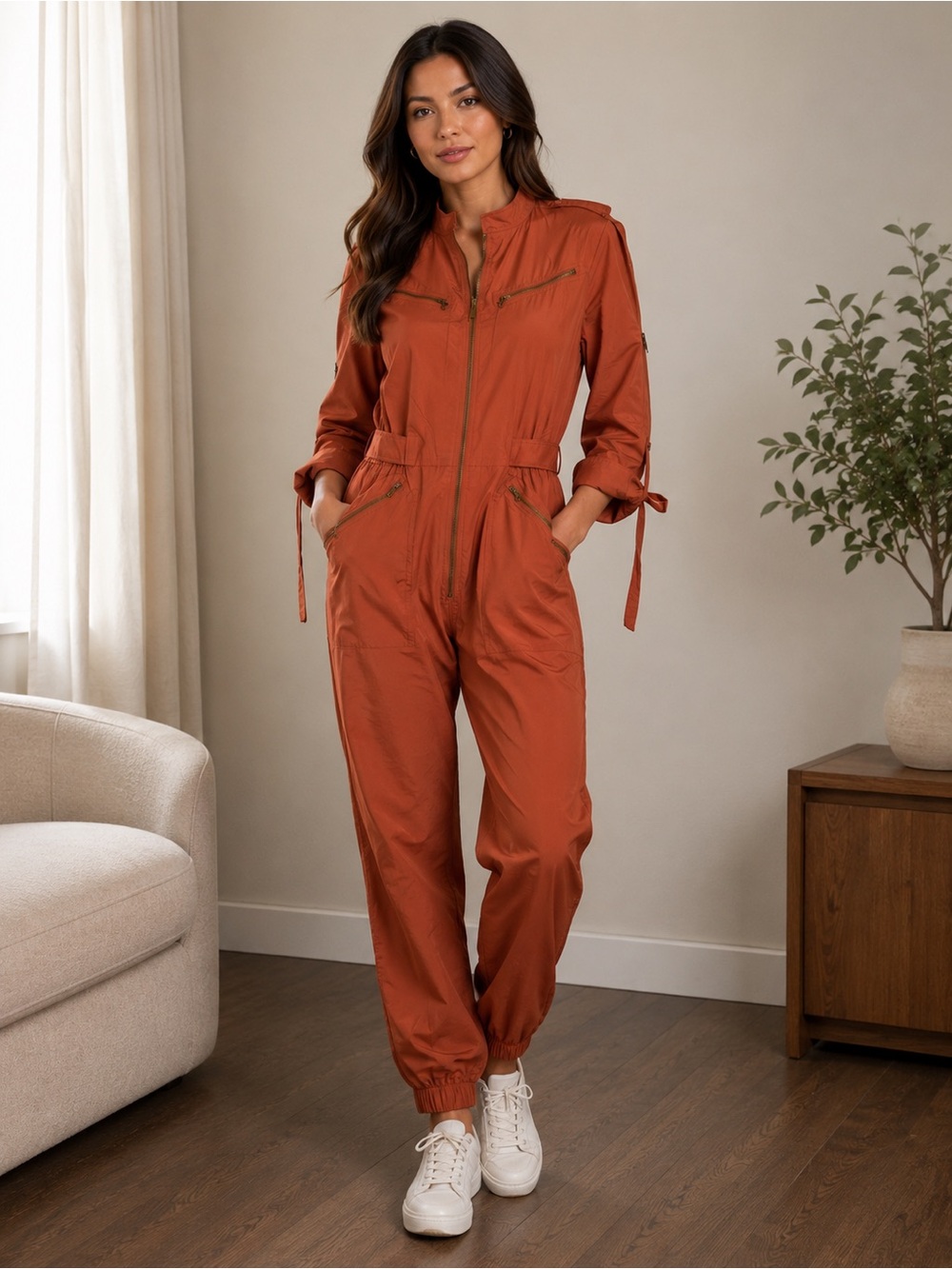 Inspire Rust Orange Utility Jumpsuit with Zip Pockets